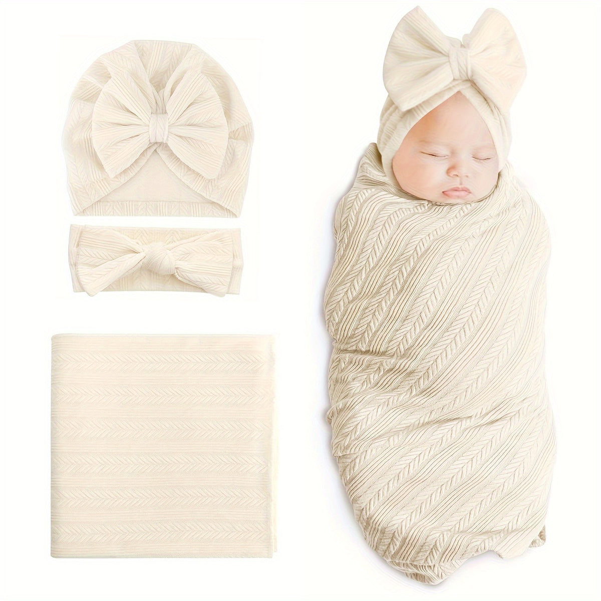 Baby Swaddle Blankets for Girls Boys, 3pcs Newborn Accessories Set with Matching Hat and Bow Headband Soft and Skin-friendly Texture, Suitable for All Four - product image 5