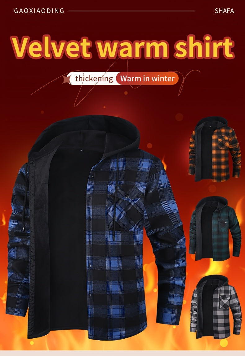 Men's Heavy-Duty Flannel Jacket - Thermal Insulated Hooded Coat with Front Pockets, Blue Black Plaid Work Jacket for Logging, Winter Outdoor Jobs, Construction - Cold Weather Outerwear by ESEA