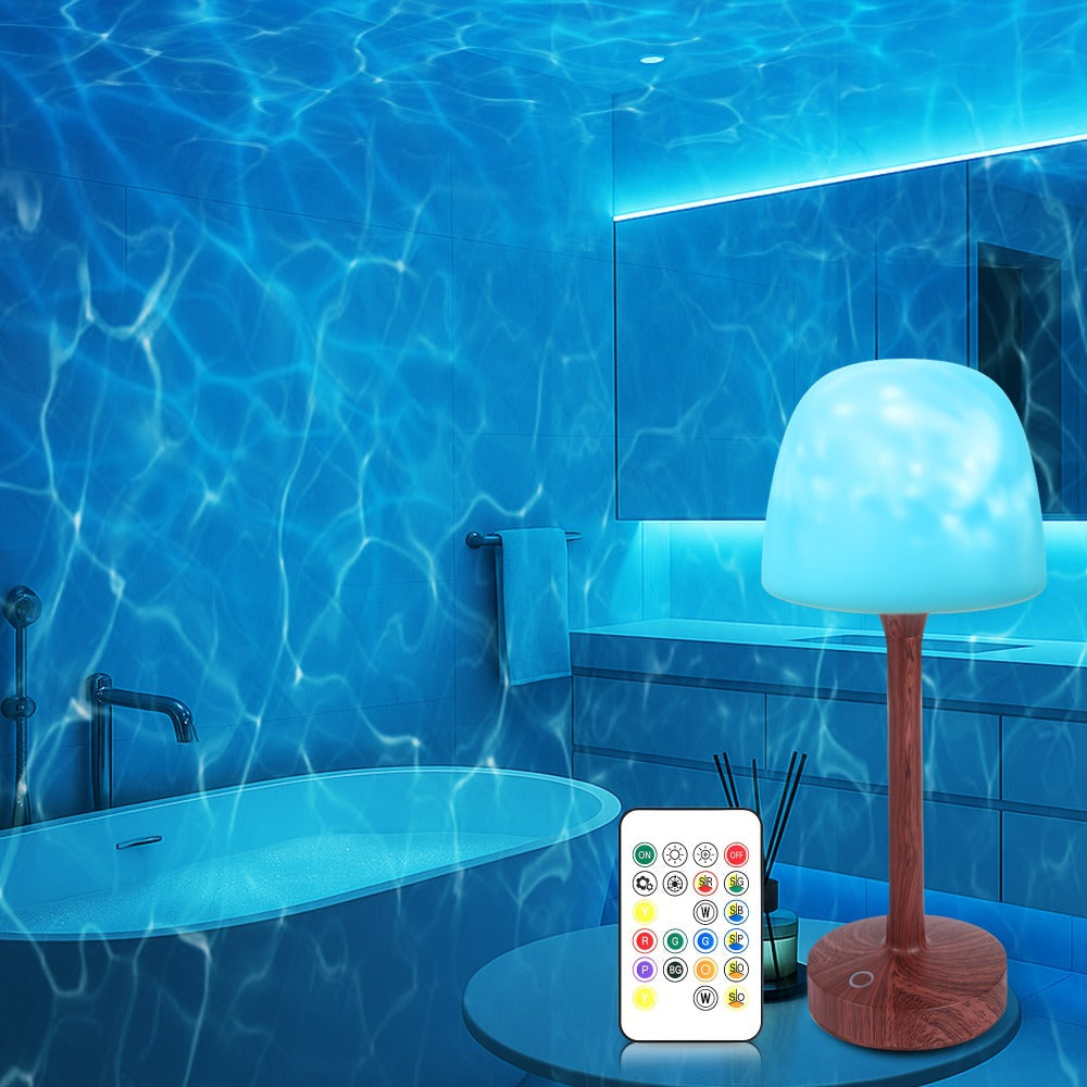 Ocean Wave LED Projector Lamp – 16 Color Rechargeable Cordless Night Light with Remote, Water Ripple Atmosphere Lamp for Bathroom Bedroom, Portable Table Lamp, RGB & Wood Base Opti - product image 7