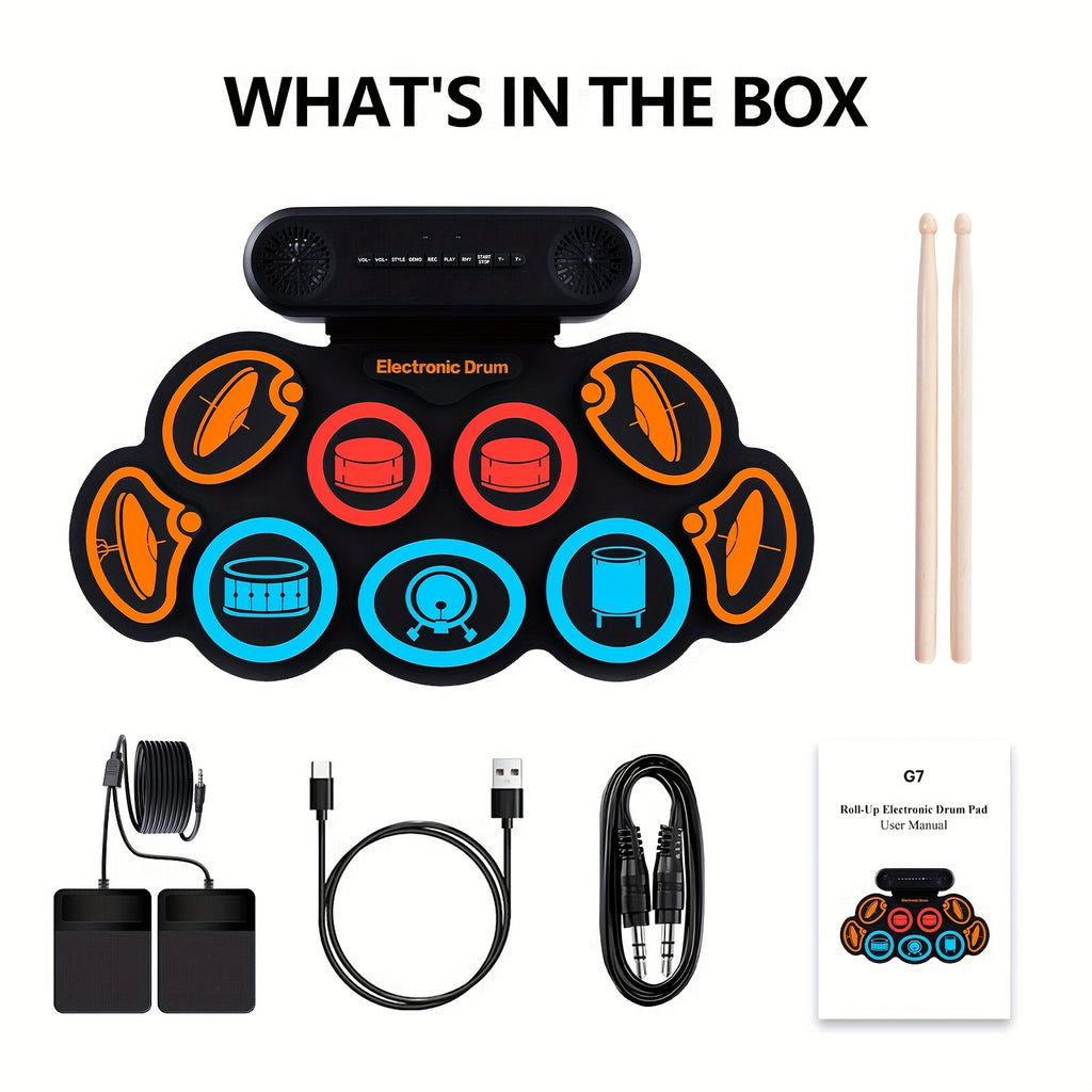 Electronic Drum Set, 9-Pads Roll-Up Electric Drum Pad Kit with Headphone Jack 10Hrs Playtime Built-In Speaker with Drumsticks Pedals, Xmas Birthday Gift for - product image 3