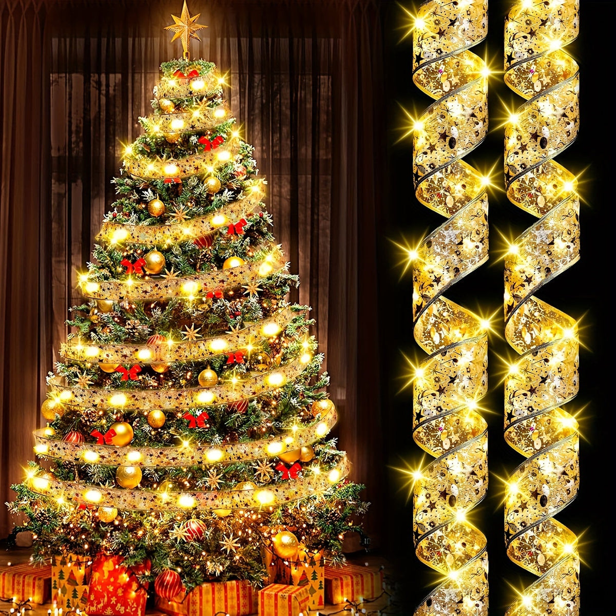 LED Christmas Fairy String Lights Battery Powered - 10M/32.8FT Golden Warm White Ribbon Garland for Christmas Tree, Indoor Party & Holiday Decorations - product image 8