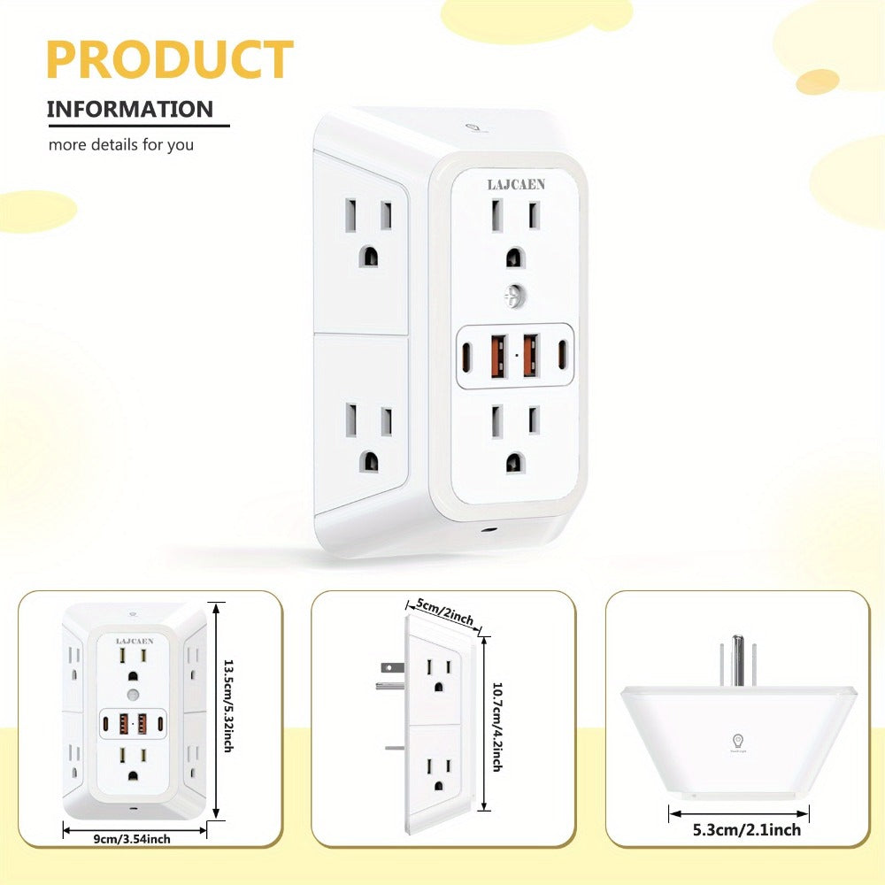 Outlet Splitter Wall Expander 10-in-1 with 6 AC Outlets 2 USB-A 2 USB-C Ports 3-Sided Plug Extender Surge Protector Night Light Compact Space-Saving Design for Home Dorm Apartment  - product image 4