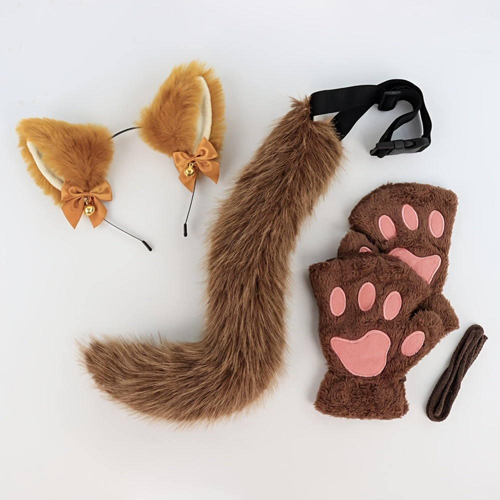 Bell Ear Headband, Plush Paw Gloves & Adjustable Tail for Halloween, Cosplay, Role Play & Stage Performances, Cute Gift for Women Girls, Grey White Brown Pink - product image 13