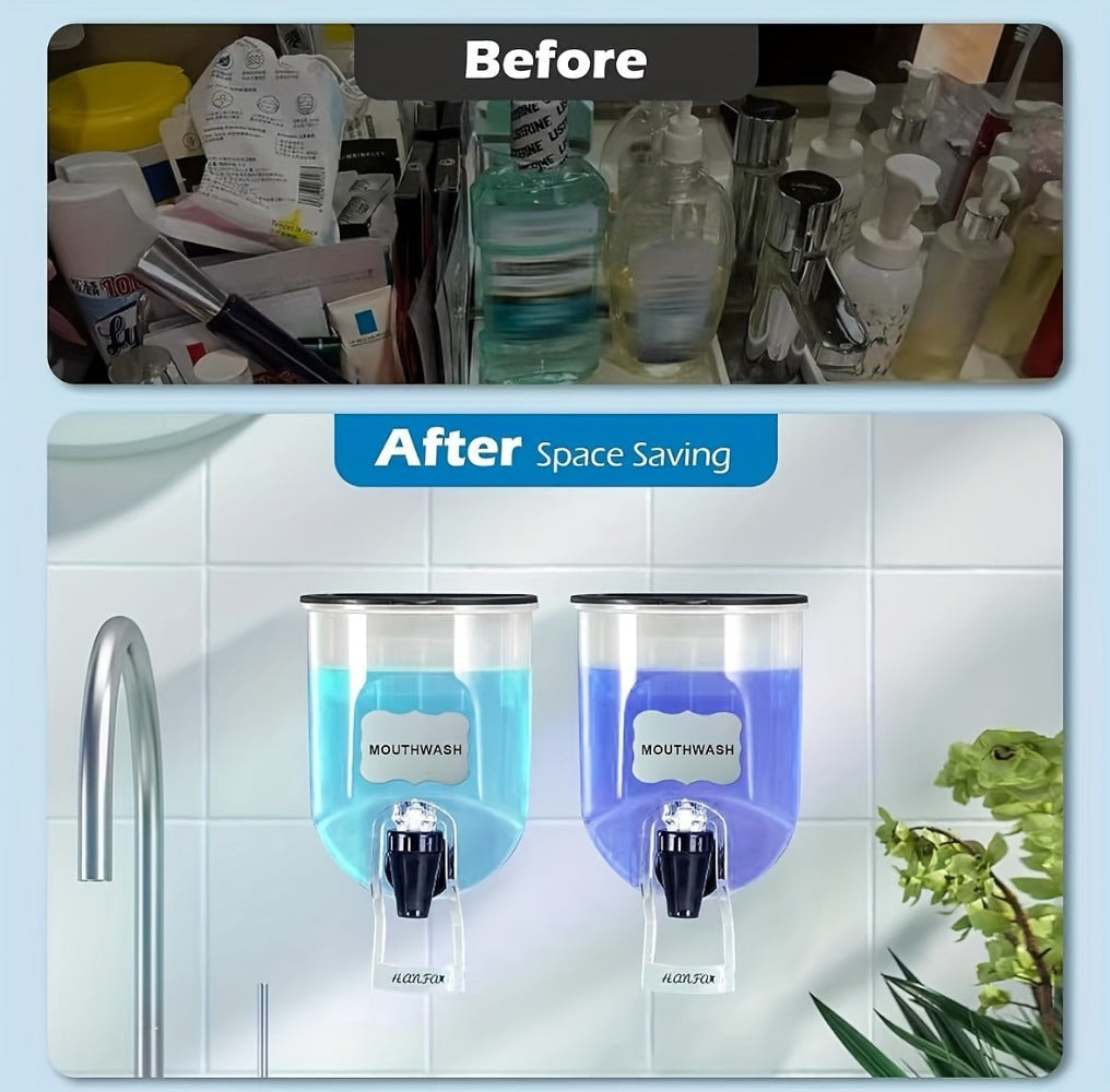 Mouthwash Dispenser Wall Mounted 2-Pack 21 oz Plastic Container - No Electricity Required, Space Saving Bathroom Organizer for Countertop Storage, Durable Refillable Liquid Soap &  - product image 16