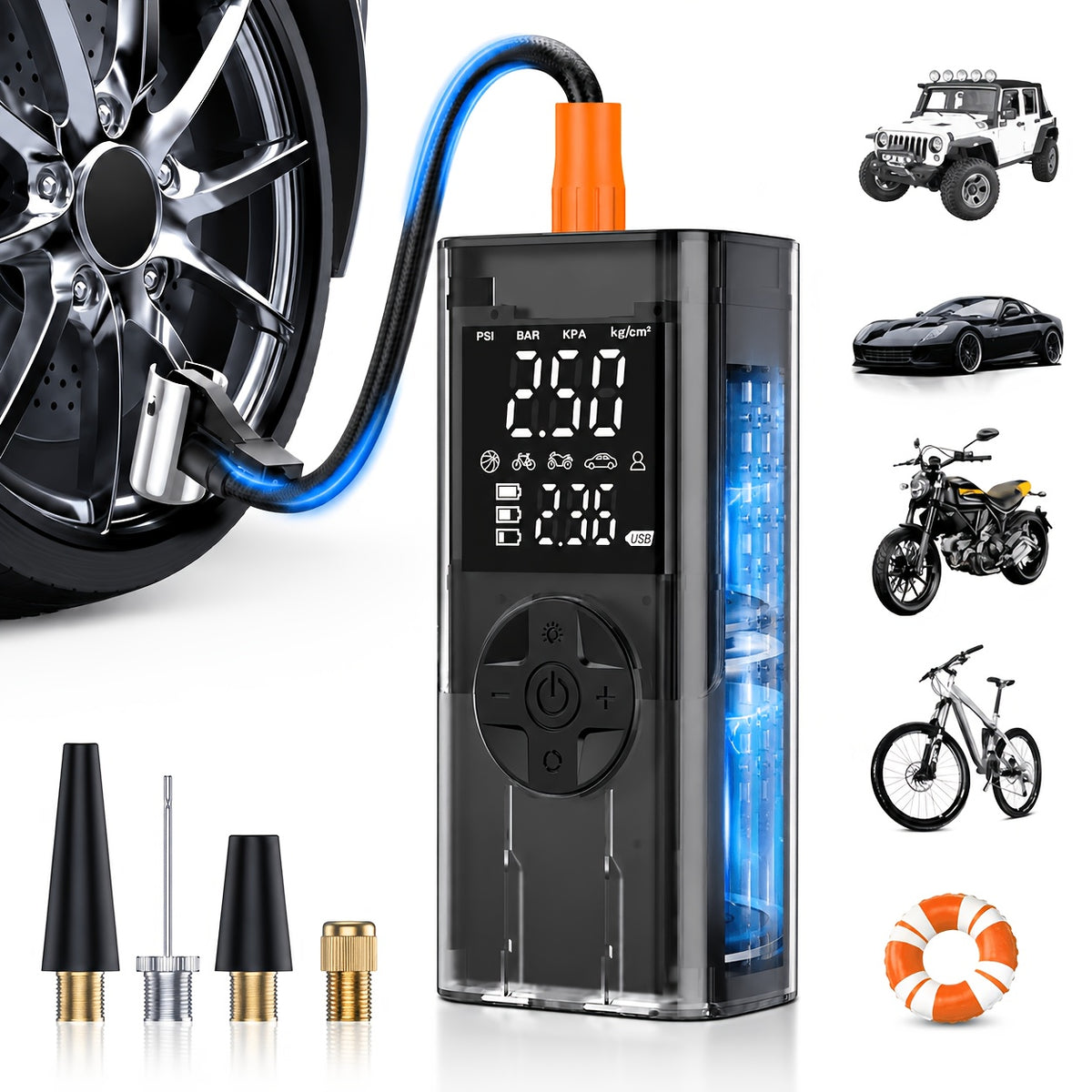 Portable Tire Inflator with Digital Pressure Gauge, Portable Air Compressor, 150PSI/210 PSI, 22 Cylinders, Built-In 12V Car Emergency Jump Starter and Battery - product image 5