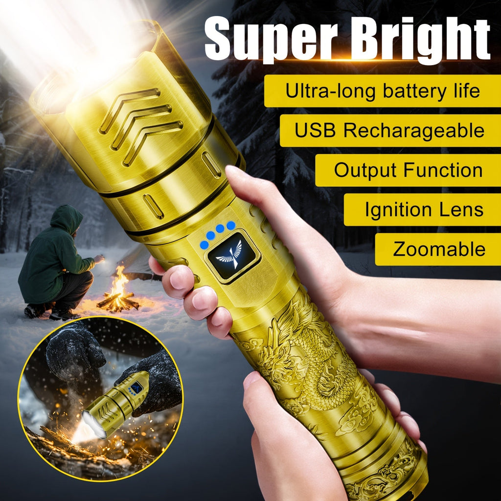 1000 Lumen Dragon Pattern LED Torch, Zoomable Beam, Fire Starter Lens, 4 Modes, Aluminum Alloy for Camping, Outdoor & Emergency Use – Rechargeable Flashlight - product image