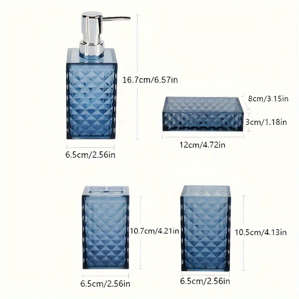 Bathroom Accessories Set 4-Piece Diamond Grid Plastic Organizer Soap Dispenser Toothbrush Holder Grey Blue Green - product image 4