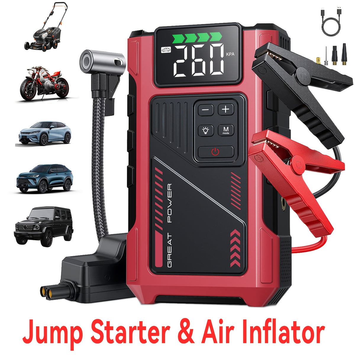 9-in-1 Portable Jump Starter with Air Compressor, 12V Car Battery Jump Starter, Portable Car Battery Charger, Fits 2.11gal Gas/ 1.72gal Diesel Fast Car - product image