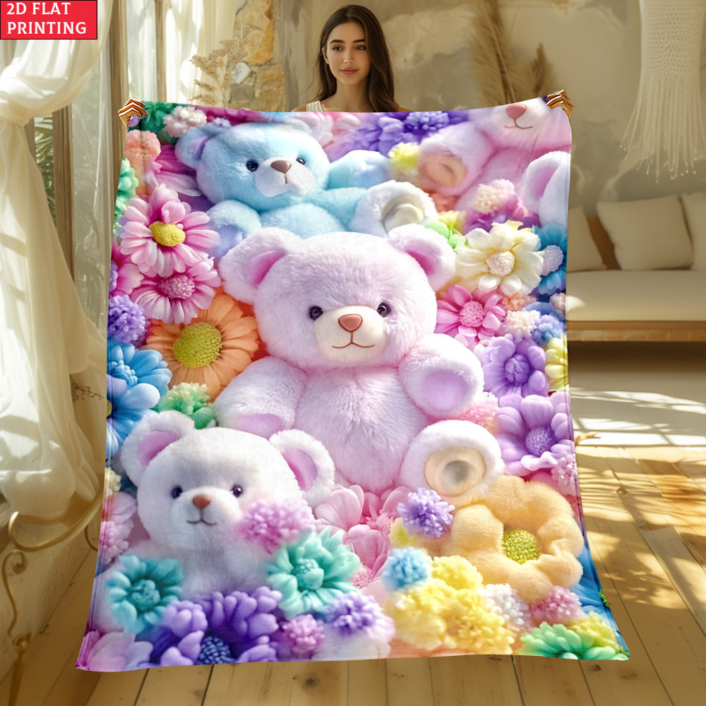 Teddy Bear Floral Blanket 2D Flat Print - Soft Lightweight Colorful Throw for Sofa Bed Travel Camping Office Living Room, Cute Animal Flower Pattern Home Decor Blanket - product image 8