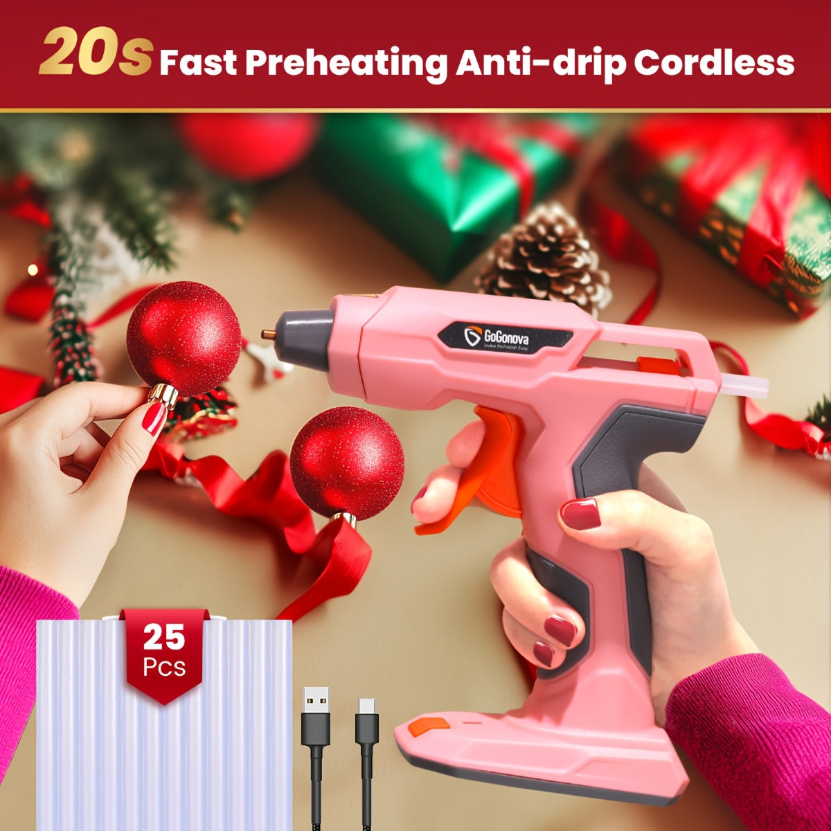 Cordless Hot Glue Gun, An Ideal Christmas Gift, Gogonova Glue Gun 20s Fast Heating, Anti-Drip, Safety Protection Design, USB Rechargeable, Perfect for DIY - product image 6