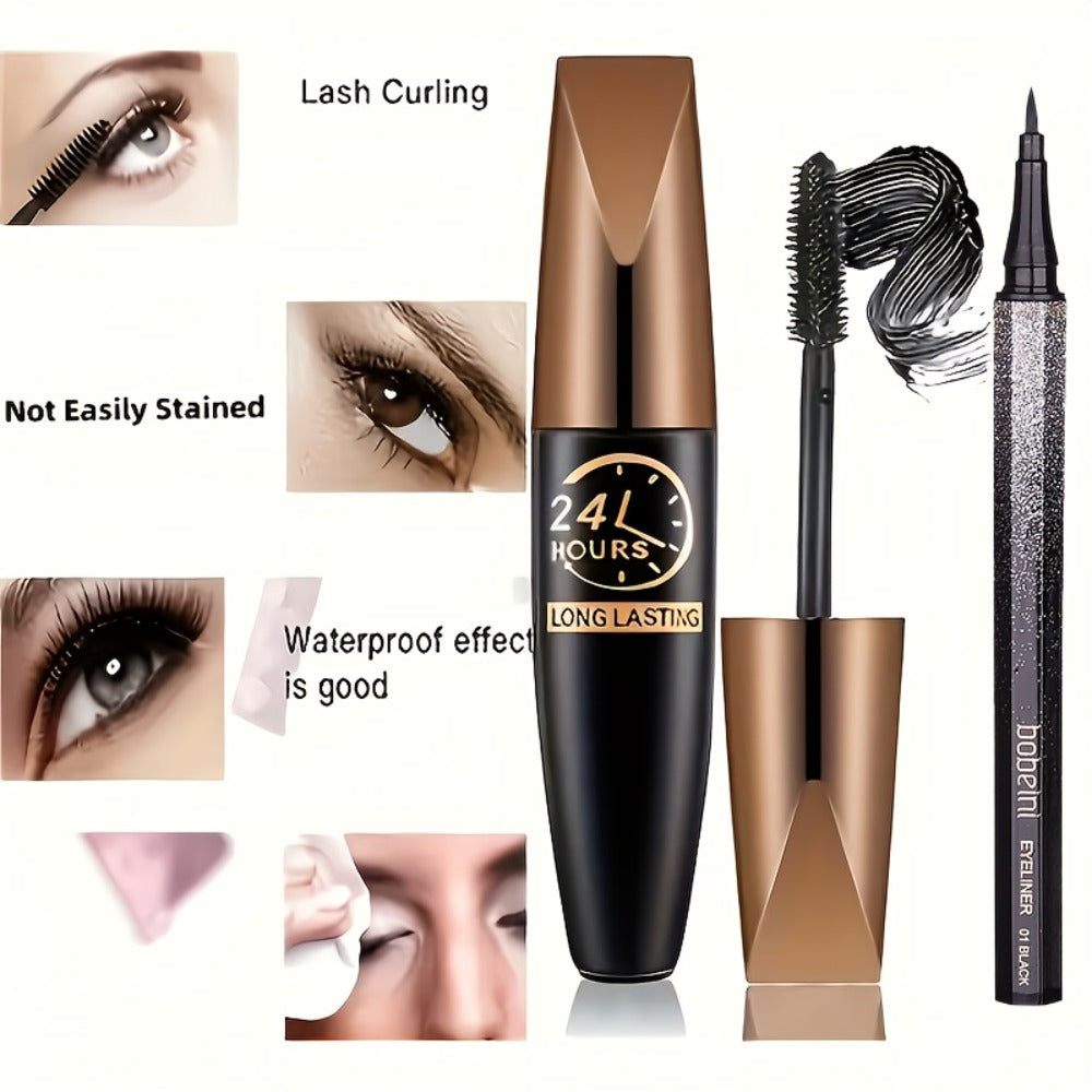 8D Fiber Mascara Set 2 Pcs Volumizing Lengthening Smudge-Proof Waterproof Long-Lasting Lash Extension Enhancer with Eyeliner Pencil Bold Black Eye Makeup Gift for Her - product image 8