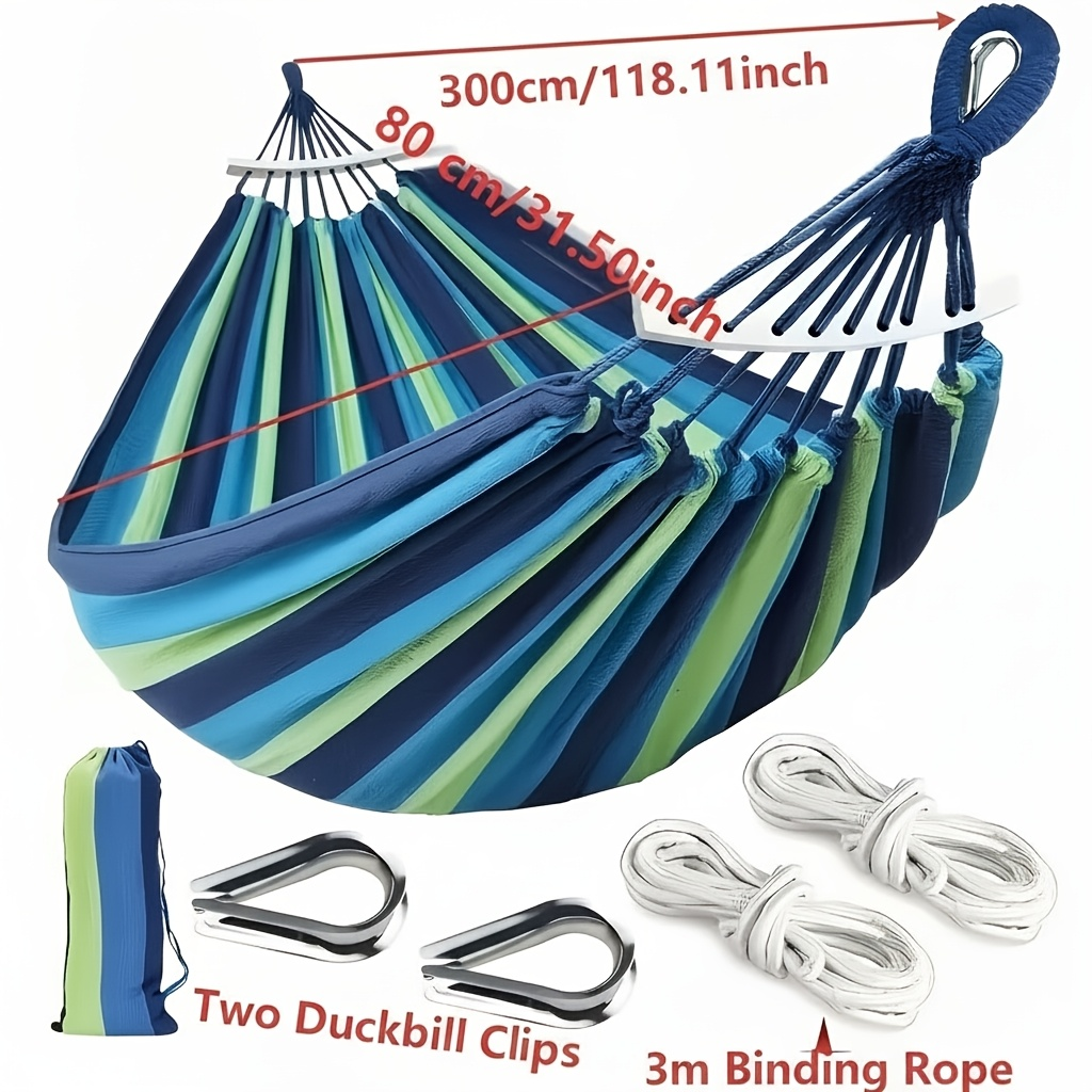 Outdoor Woven Hammock with Wooden Spreader Bar – Hanging Chair Swing Bed for Garden, Courtyard, Park & Balcony (No Frame Included) – Thickened Nylon Rope, Single or Double Size