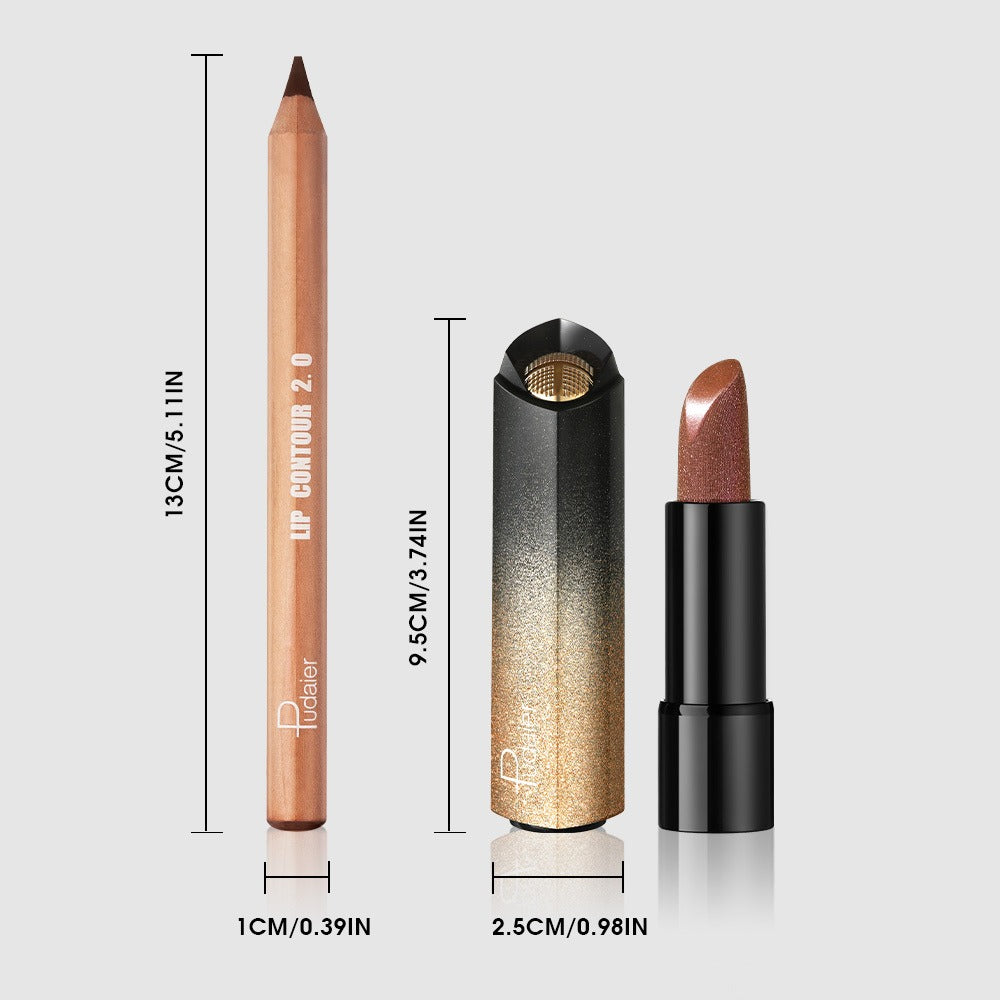 Golden Lipstick Set with Lip Liner Pencil 2 Piece — Brown Shimmer Lipstick and Nude Lip Liner, Viral Fall Makeup Kit Luxury Press Gold Lip Color for Women, Perfect Beauty Gift - product image 6