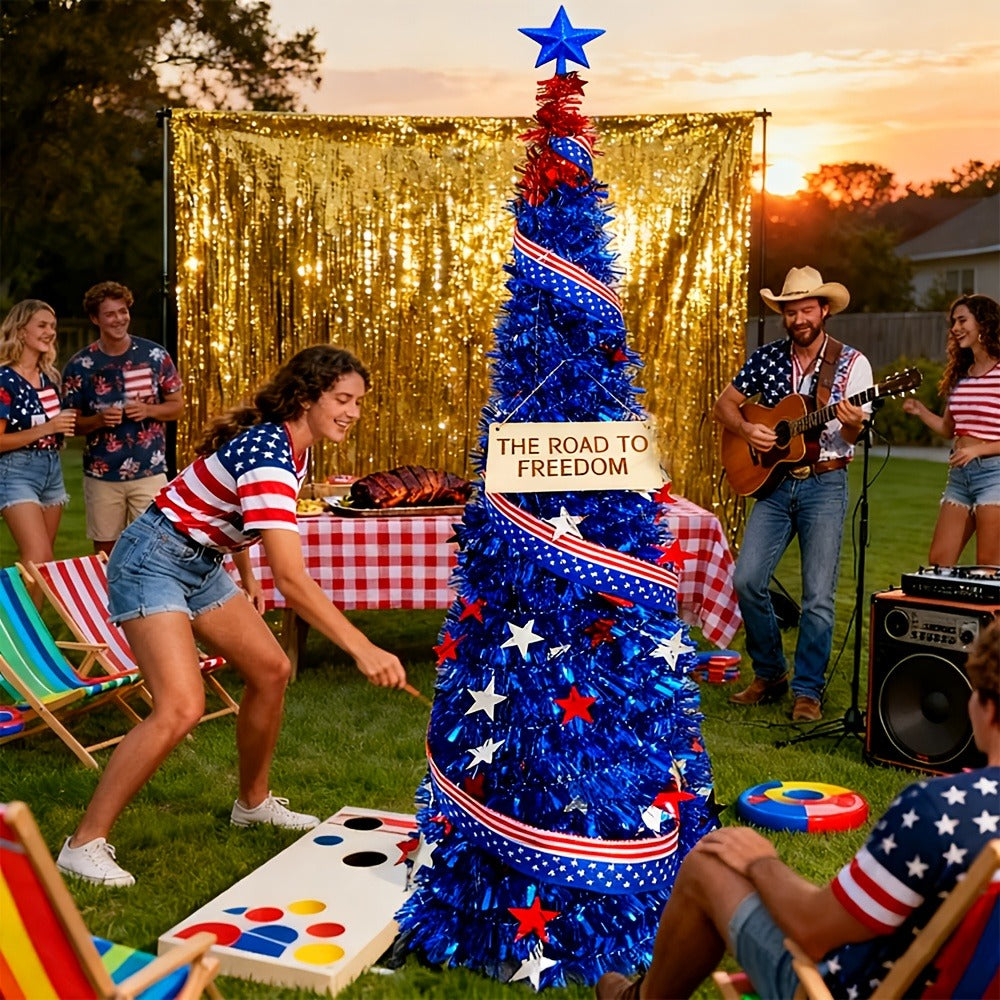 4th of July Decorative Tree 5ft LED Light, Foldable Patriotic Stars & Stripes Blue Christmas Tree with Red White Blue LED String Lights, Independence Day Party Decoration & Summer  - product image 8