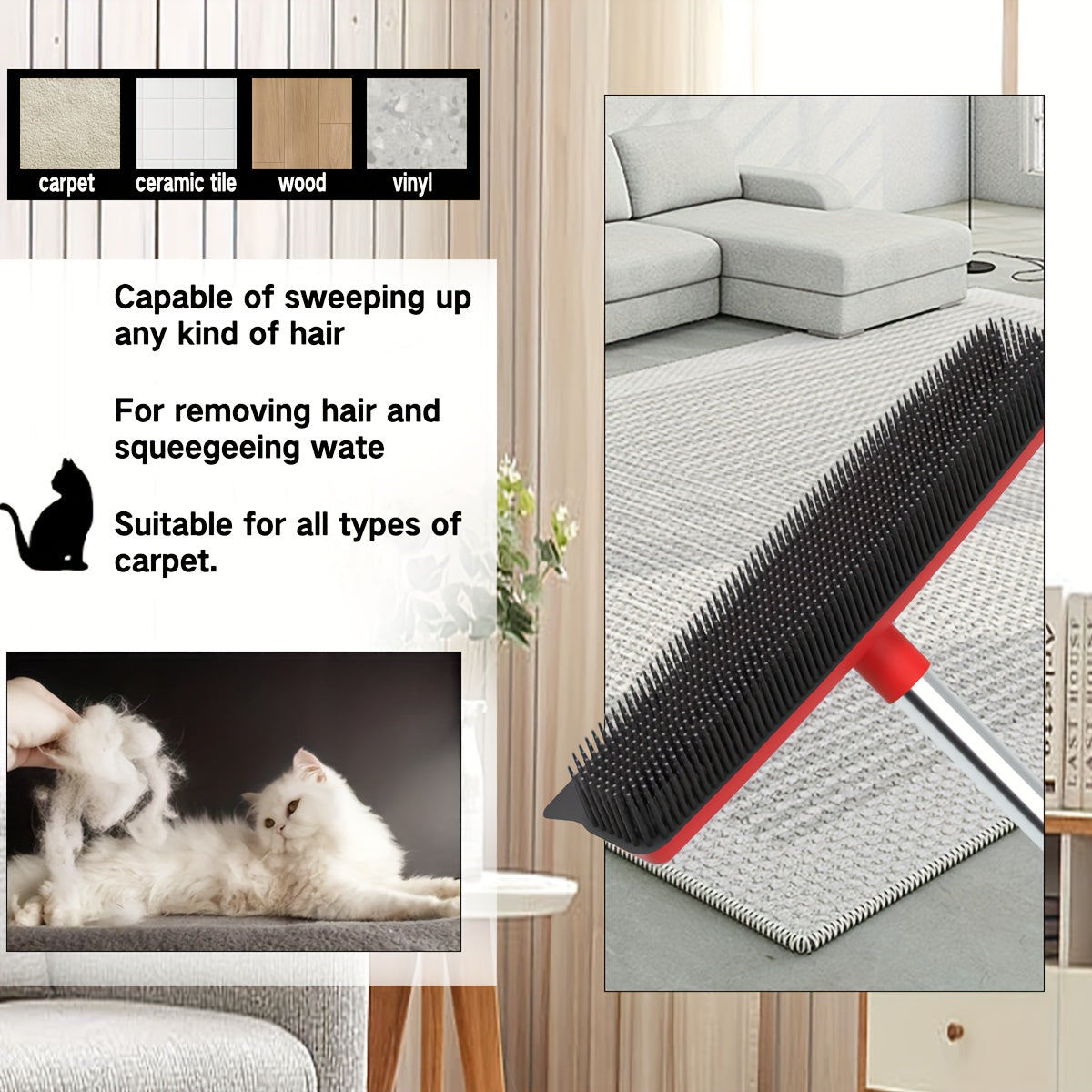 Pet Hair Removal Broom 2-in-1 Silicone Rubber Bristle Broom & Squeegee | Anti-Static Pet Fur Cleaner for Carpet, Hardwood & Tile Floors, Ideal for Dogs & Cats