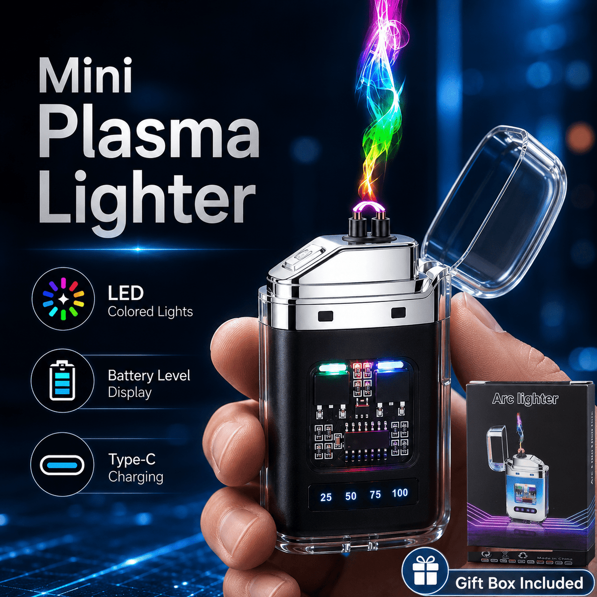 USB-C Rechargeable Plasma Lighter, Windproof Flameless Double Arc Electric Lighter with LED Battery Display, Transparent Portable Lighter for Candles, Camping - product image 2