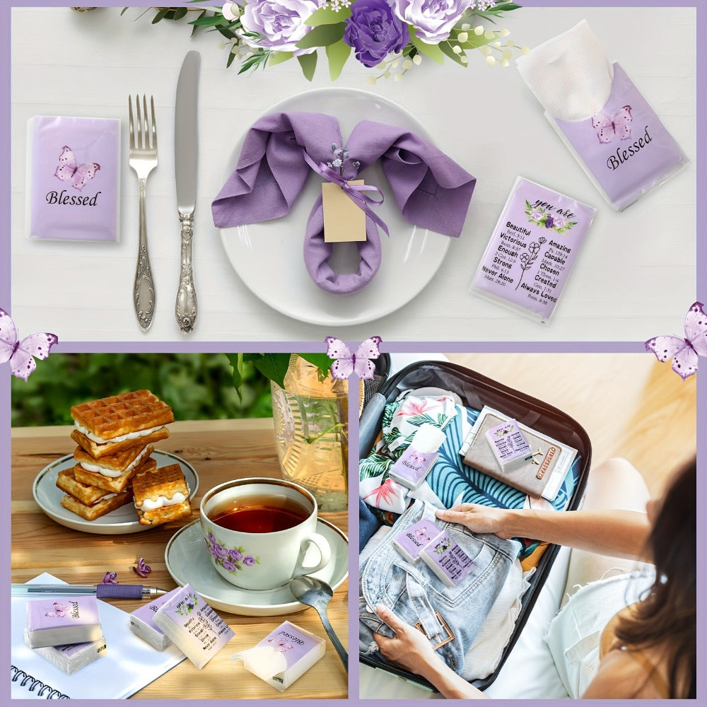 Christian Blessed Pocket Tissues 100 Pack 3-Ply Purple Butterfly Lavender Floral Design 7 Sheets Per Pack for Weddings Graduation Church Events Travel Gifts - product image 5