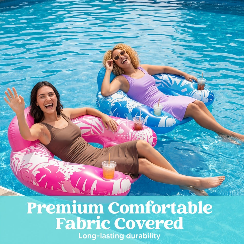 Leaf Print Blow Up Floating Chairs with Cup Holders & Water Balloons, Hammock Noodle Mat Float Set for Pool Beach Lake, Summer Party Gift (Blue & Pink) - product image