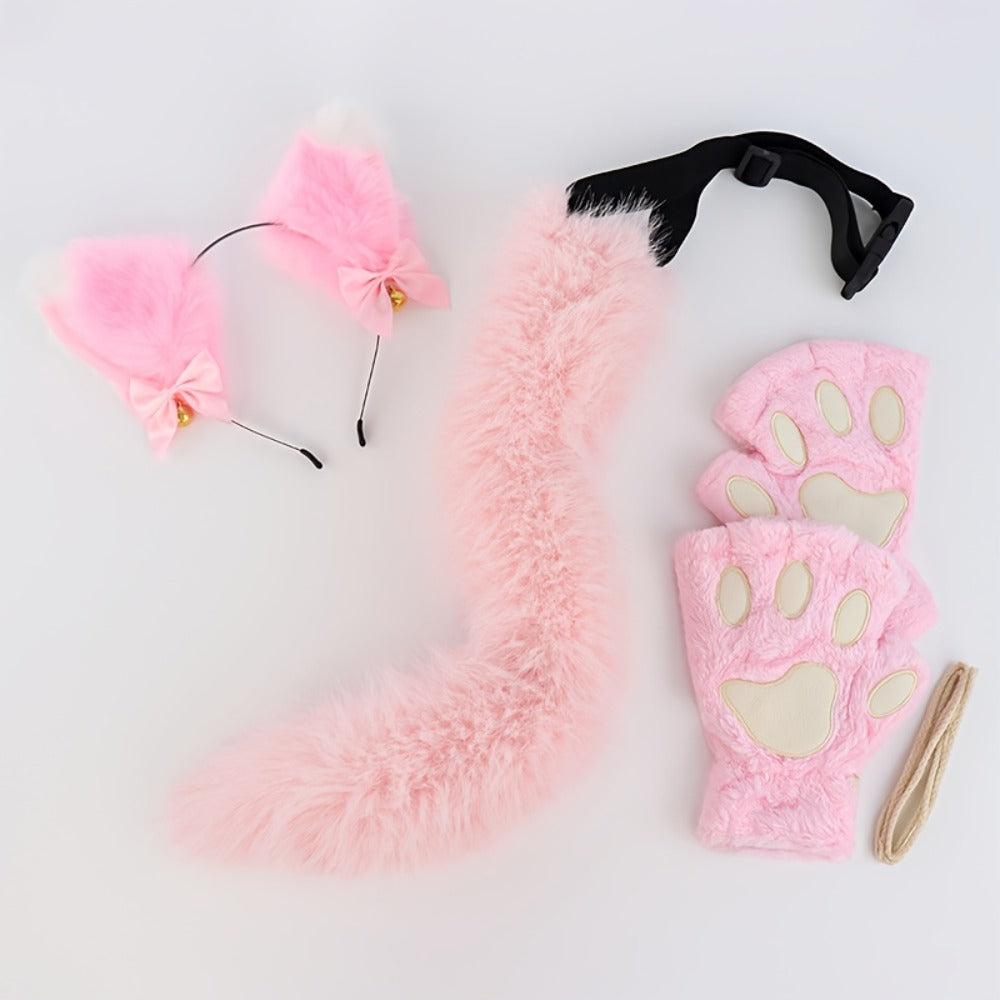 Bell Ear Headband, Plush Paw Gloves & Adjustable Tail for Halloween, Cosplay, Role Play & Stage Performances, Cute Gift for Women Girls, Grey White Brown Pink - product image 9