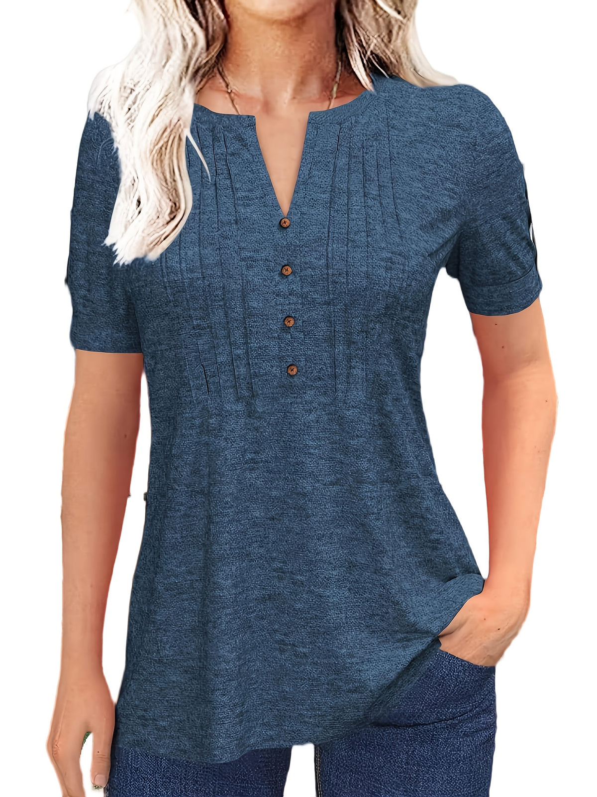 Casual Short-Sleeve T-Shirt for Women, Featuring a Pleated Design and V-Neck in Solid Colors, Perfect for Summer - product image 37