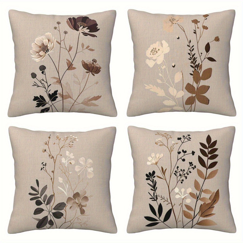 Throw Pillow Covers 18x18 Set of 4 - Floral Botanical Square Cushion Cases Beige Brown Gray | Zipper Closure Machine Washable Decorative Pillows for Living Room Bedroom Sofa Couch  - product image 2