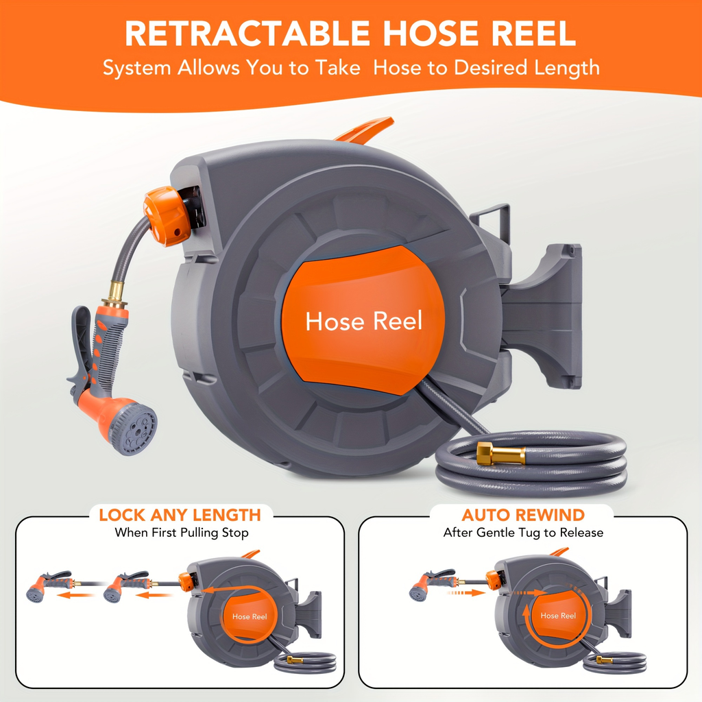 65ft Automatic Garden Hose Reel with 9-Function Sprayer | 180° Swivel Mount - product image 6