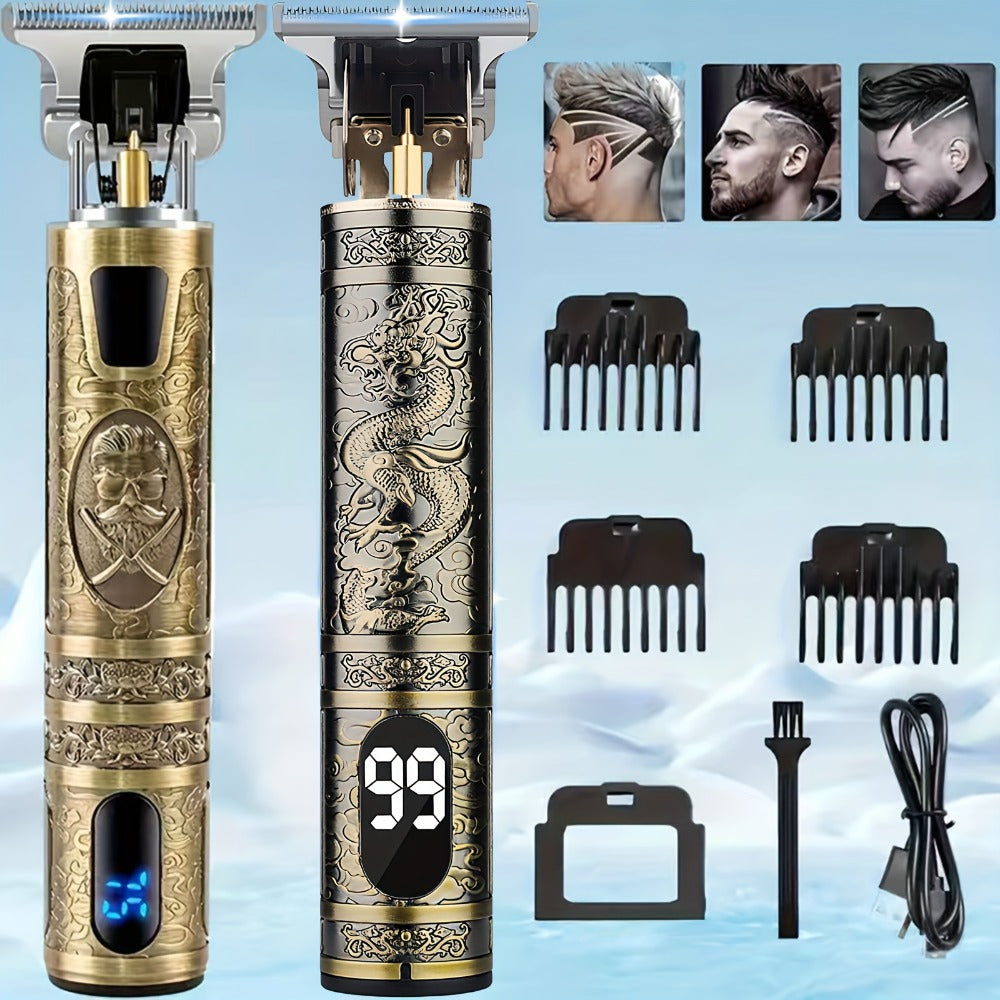 LED Hair Trimmer for Men - T-Blade USB Rechargeable 2000mAh, Vintage Dragon & Mustache Design, 4 Guide Combs, Cordless Precision Grooming, Holiday Gift for Him - product image