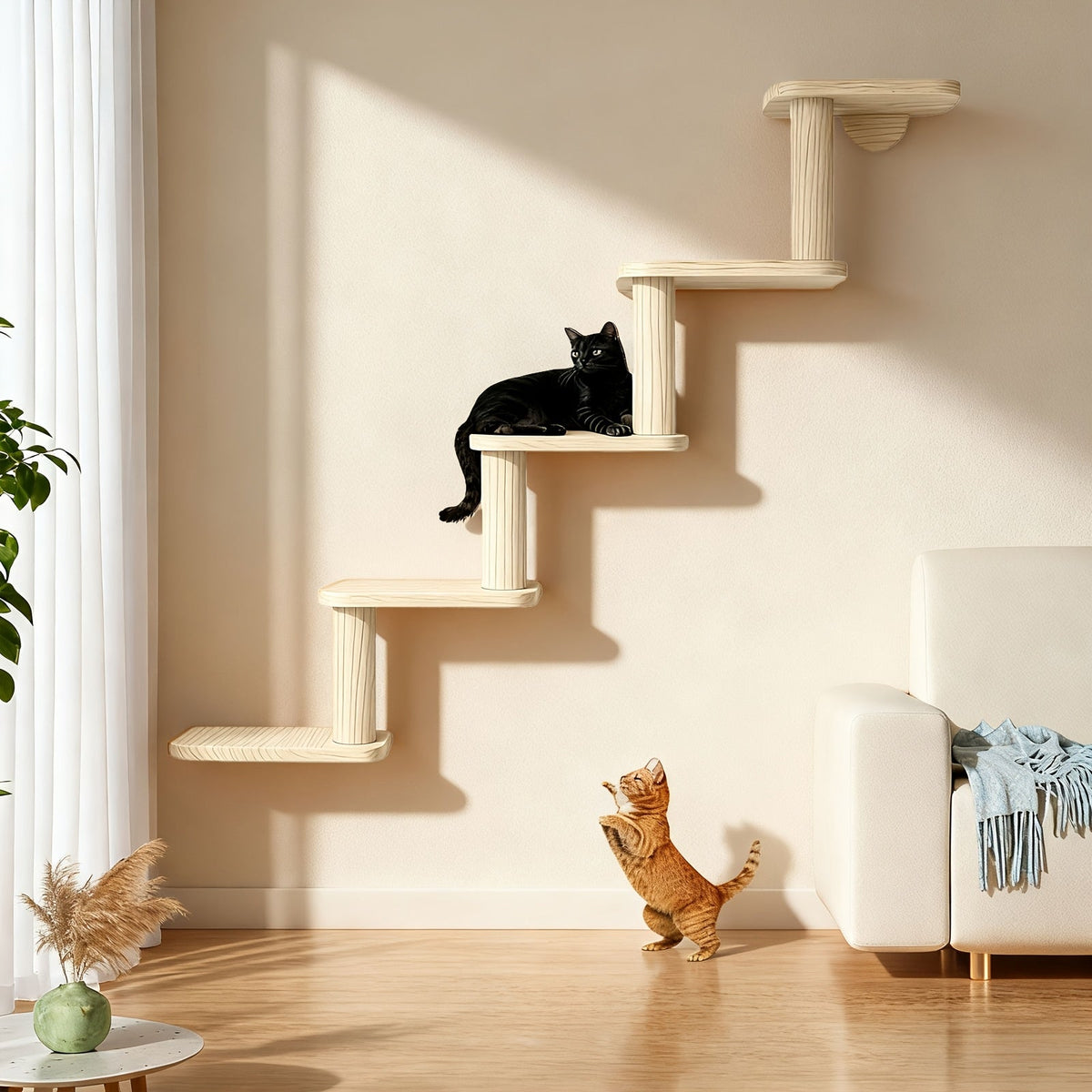 Wall-Mounted Cat Tree 5 Layers Solid Wood Indoor Cat Climbing Frame Jumping Platform Ladder Space-Saving for Small Spaces Multi-Cat Homes Living Room Bedroom - product image 4