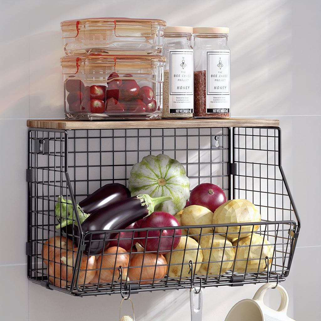 Stackable Metal Wire Fruit Basket with Lid – 1 or 2-Tier Hanging Kitchen Pantry Storage Bin, Wall-Mounted or Countertop Vegetable Organizer for Potato, Onion & Produce, Black - product image 20