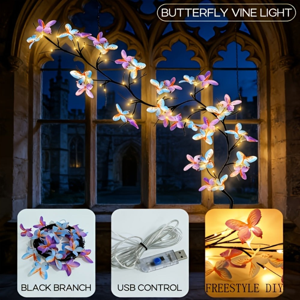 Butterfly Branch String Lights – 30 LED Vine Fairy Lights with Artificial Purple-Blue Butterflies, 8 Lighting Modes, USB Powered Warm White, Boho Wall Decor for Bedroom Wedding Bir - product image 2