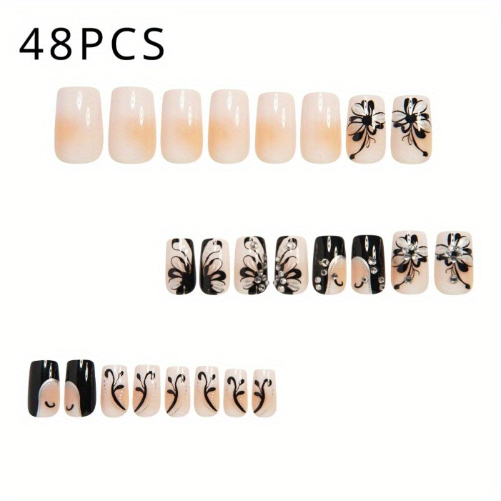 Matte Press On Nails 48 Pieces Black White Square – French Tip Butterfly Pattern Full Cover Detachable False Nails for Women | Elegant Nail Art Gift Set for Valentines Day Holiday  - product image 3