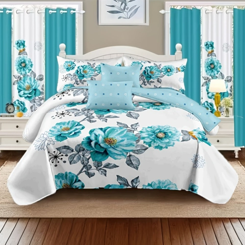 Teal Floral Comforter Set Twin Queen King Gradient Oil Painting Style Botanical Luxury Quilt Bedding Soft Microfiber All Season Bed in a Bag Gift - product image