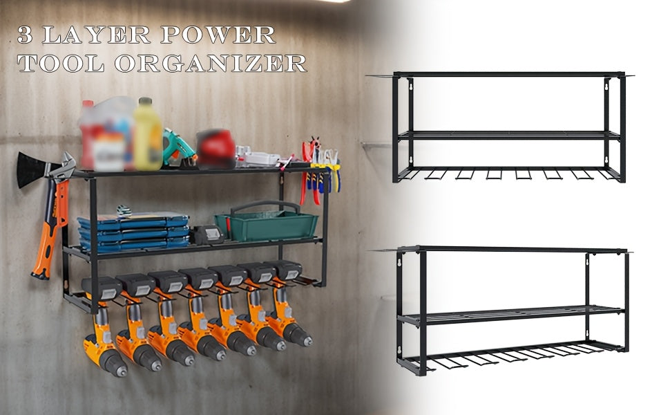 Power Tools Storage Rack, Wall Mount-150 Lb. (68 Kg) Load Bearing 3-story Storage Rack With 7 Bit Holders For Drilling Cordless Tools, Heavy-duty Iron Garage - product image 11