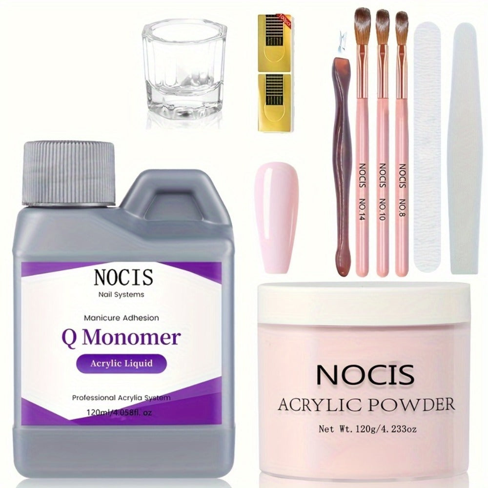 120g Peach Pink Acrylic Nail Kit 10-Piece — Crystal Powder Monomer Liquid Nail Brush Forms Complete Starter Set for Nail Extensions Salon & Home Use - product image