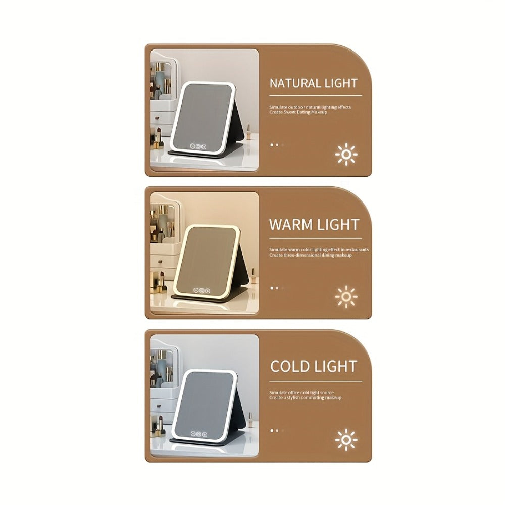 Portable LED Makeup Mirror Folding with Touch Screen - USB Rechargeable Vanity Mirror, Tri-Color Dimmable Lighting, Travel Desk Tabletop, Square or Round Shape, Pink or White, Cord - product image 15
