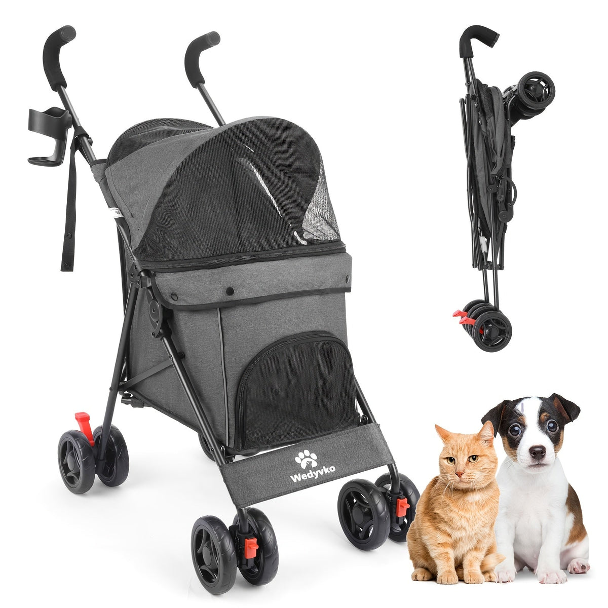 Collapsible Travel Dog Stroller, Portable Puppy Cat Pram with 4 Wheels, Canopy & Storage Basket, Featherlight Jogger Stroller for Pets Up to 33 lbs, 5 Colors - product image 6