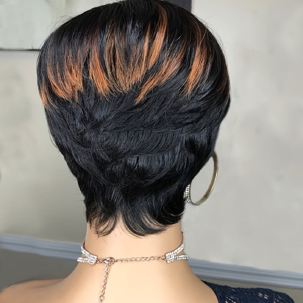 Short Pixie Cut Wig with Bangs Black Blonde Layered 4 Inch Rose Net Cap | Brown Blonde Mix Synthetic Wig for Black Women Daily Wear Office Party - product image 13