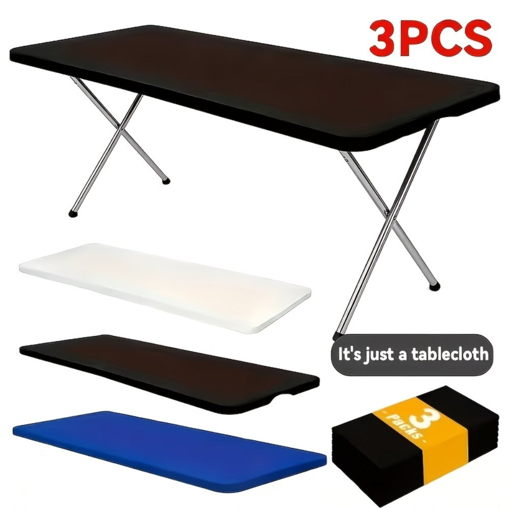 Stretch Table Covers 6Ft Washable Elastic Rectangle Tablecloth for Parties Weddings Picnics Camping, Spandex Polyester Blend, Fits Standard 6 Foot Tables, Set of 3 6 9 or 12, Black - product image