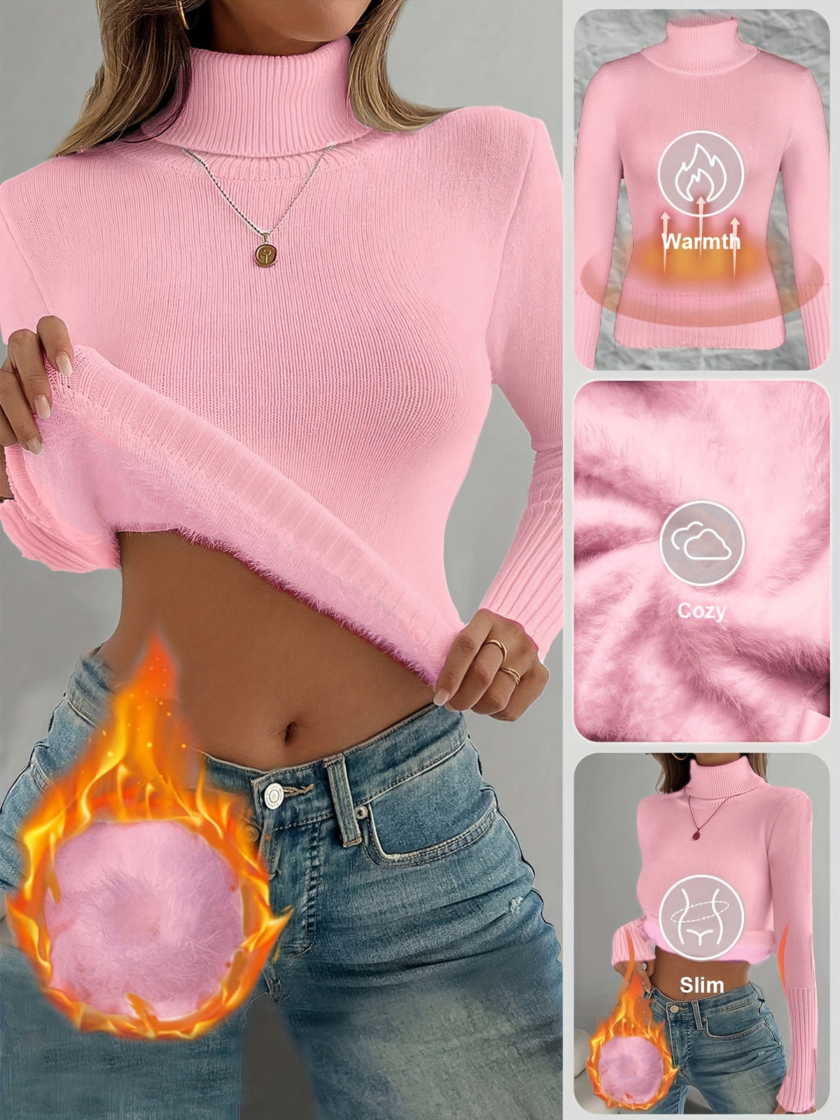 Lune's European and American Style High-Neck Thick Warm Inner Fitted Long-Sleeve Sweater, Perfect for Autumn and Winter