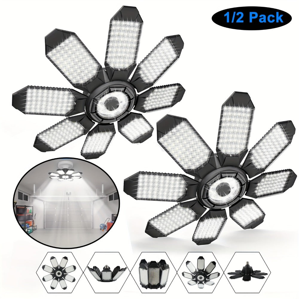 LED Garage Lights 25000LM Deformable – 250W Equivalent E26/E27 Screw-In Ceiling Shop Light with 6+1 / 8+1 Adjustable Panels for Garage, Basement, Attic & Warehouse (1, 2 or 4-Pack) - product image