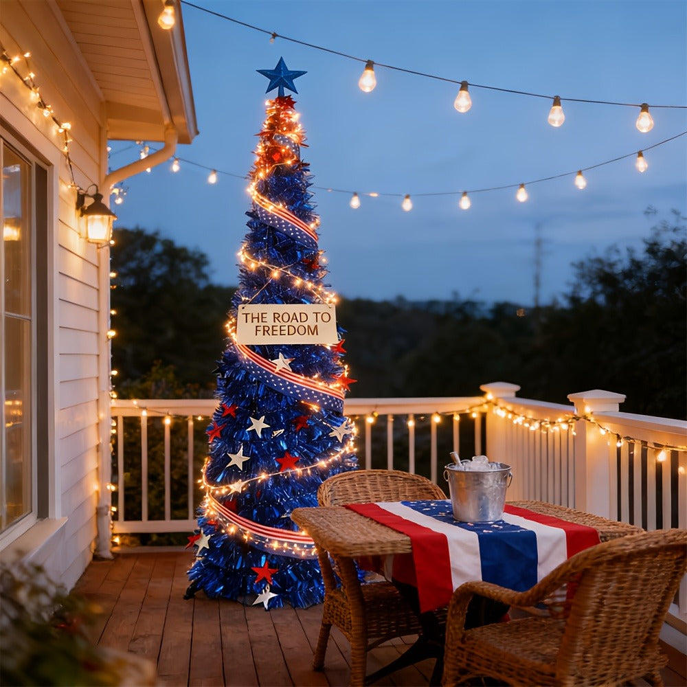 4th of July Decorative Tree 5ft LED Light, Foldable Patriotic Stars & Stripes Blue Christmas Tree with Red White Blue LED String Lights, Independence Day Party Decoration & Summer  - product image 6