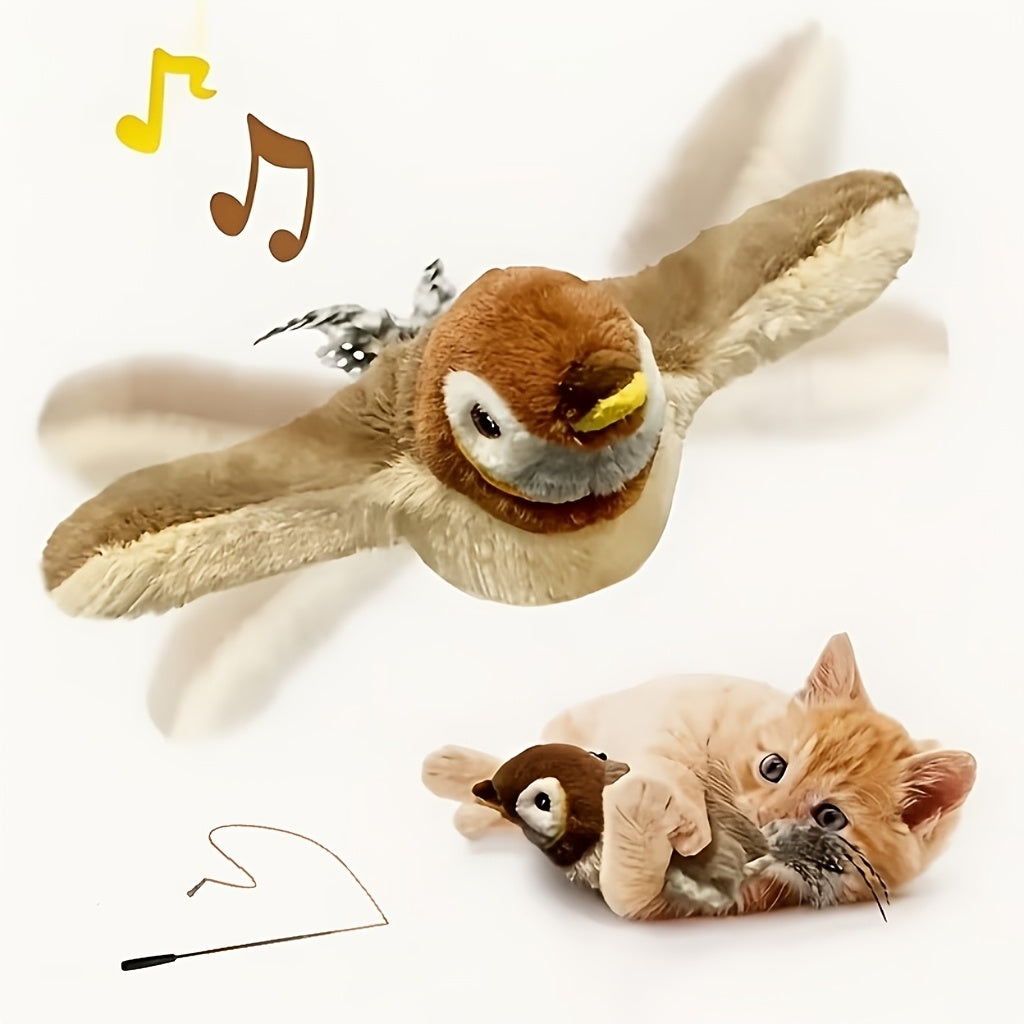 Flying Sparrow Cat Toy with Flapping Wings & Chirping Sound | USB Rechargeable Plush Bird Cat Toy, Touch-Start Interactive Feather Toy for Indoor Cats - product image