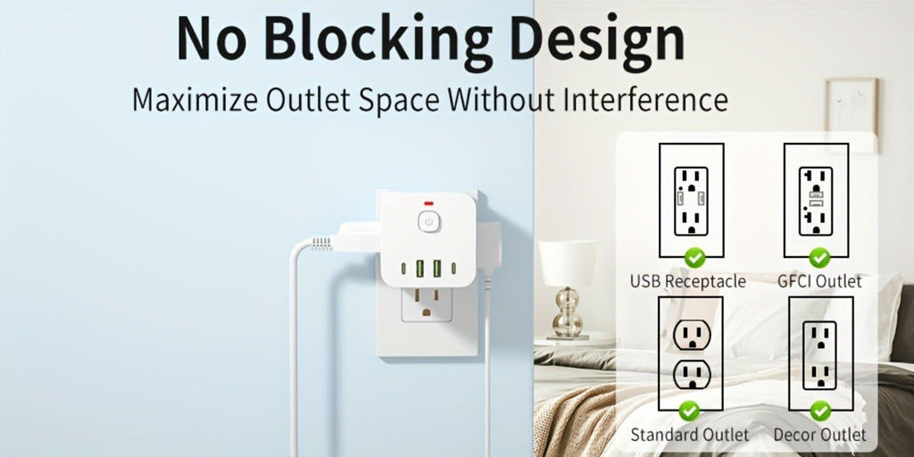 Wall Outlet Extender 8-in-1 with 4 AC Outlets 2 USB-A 2 USB-C Ports Power-Off Switch Overload Protection 4-Sided Design for Living Room Kitchen Bathroom Bedroom Office White - product image 8