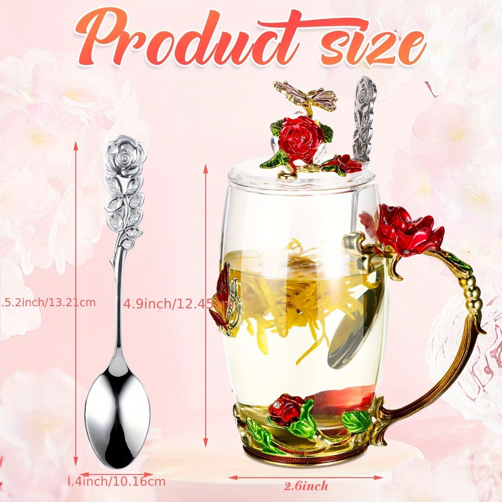 Flower Glass Tea Cups with Lids and Spoon 4 Sets Butterfly Vintage Floral Clear Glass Coffee Mugs 12oz Gift for Women Mom Wife Girlfriend Mother's Day Pink Purple Blue Red - product image 3