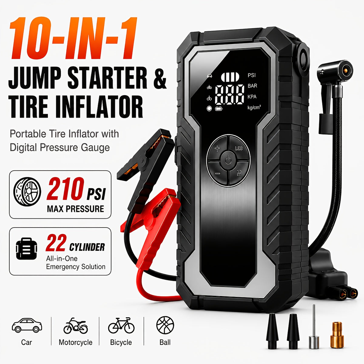 Portable Tire Inflator with Digital Pressure Gauge, Portable Air Compressor, 150PSI/210 PSI, 22 Cylinders, Built-In 12V Car Emergency Jump Starter and Battery - product image