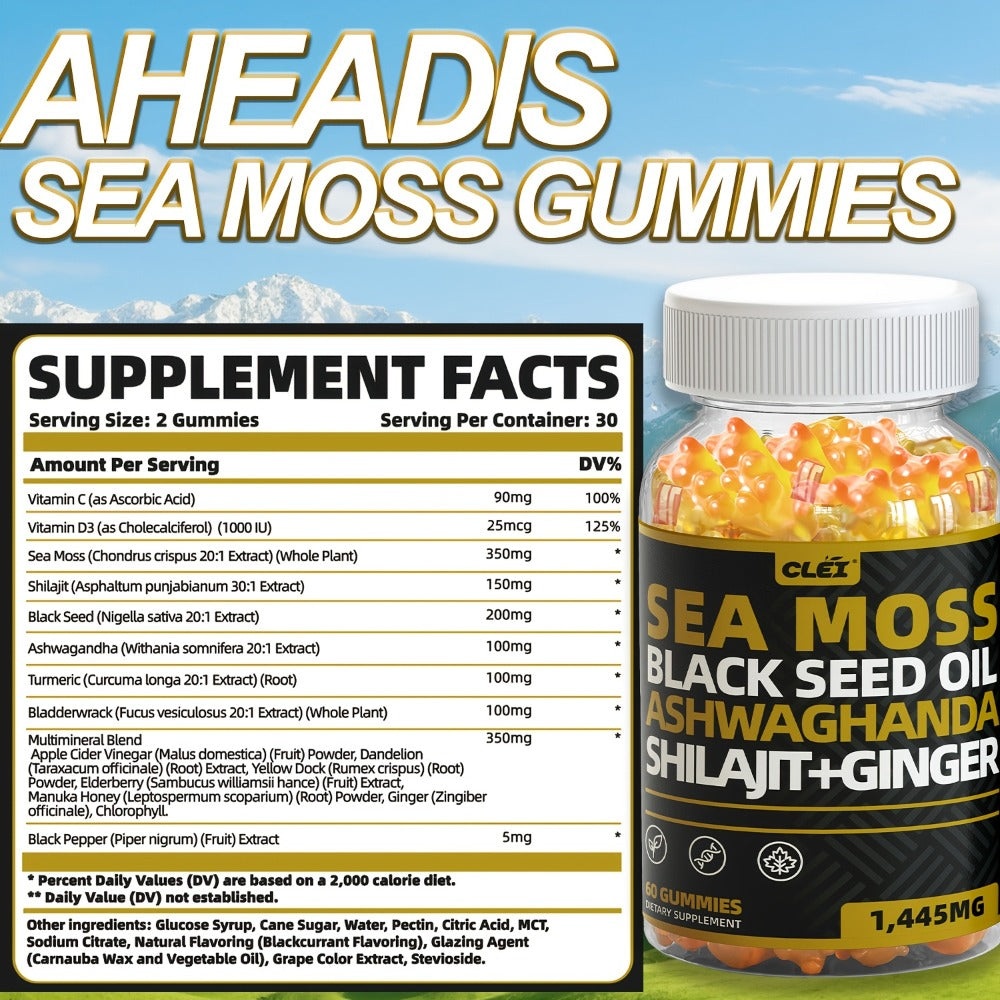 Immune Support Gummies with Sea Moss 1445mg – 10-in-1 Superfood Blend with Black Seed Oil, Ashwagandha, Elderberry, Turmeric, Bladderwrack, Chlorophyll, Shilajit & Ginger – 60 Coun - product image 2