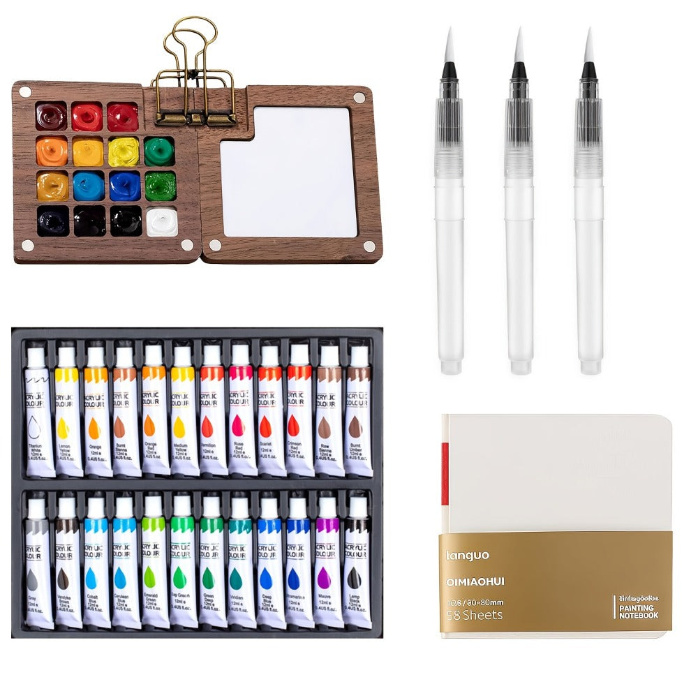 Carry-along Watercolor Paint Set 24 Colors with 15-Grid Palette 3 Brushes and 6 Accessories Pocket Painting Kit for Outdoor Sketching Travel Artists Kids Adults