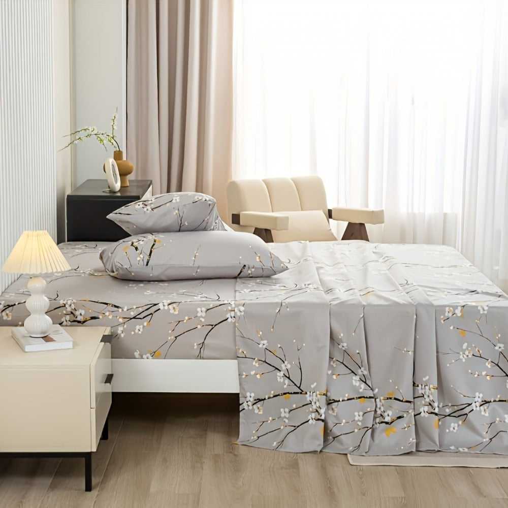 Fitted Sheet Set 4-Piece Plum Blossom Floral Print | Deep Pocket 15" Bed Sheets Twin Full Queen King | Soft Polyester Bedding Set with 2 Pillowcases, All-Season Machine Washable - product image 11