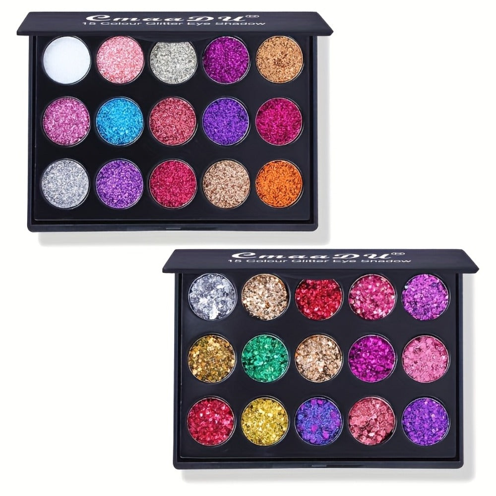 Glitter Eyeshadow Palette 2-Pack 15 Colors Each — Shimmer Metallic Sequin Foil Squalane-Infused High Pigment Eye Shadow Set for Stage Festival Party All Skin Tones Women - product image 5