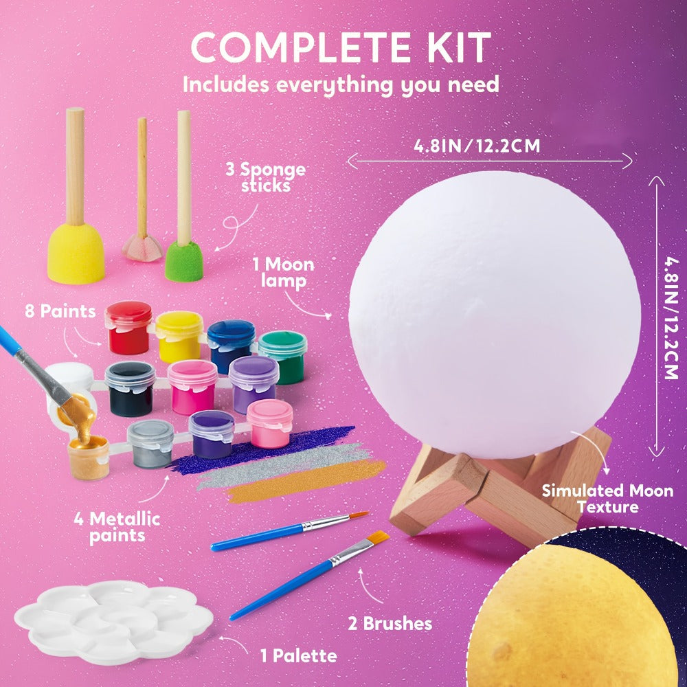 DIY Moon Lamp Craft Kit for Kids Paint Your Own 3D Moon Night Light with 12 Paints 4 Metallic Colors 2 Brushes Wooden Base Arts and Crafts Gift for Girls Boys - product image 2